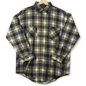 JCPenney Mens‎ Flannel Shirt L Olive Navy Plaid 70s Deadstock Workwear Cabincore